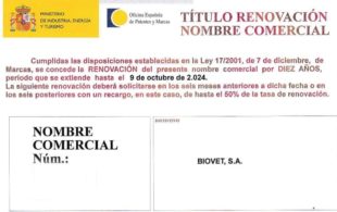 Renewal of the trade name Biovet S.A.