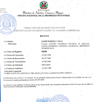 Компания “Biovet S.A.” обновляет товарный знак в Доминиканской Республике