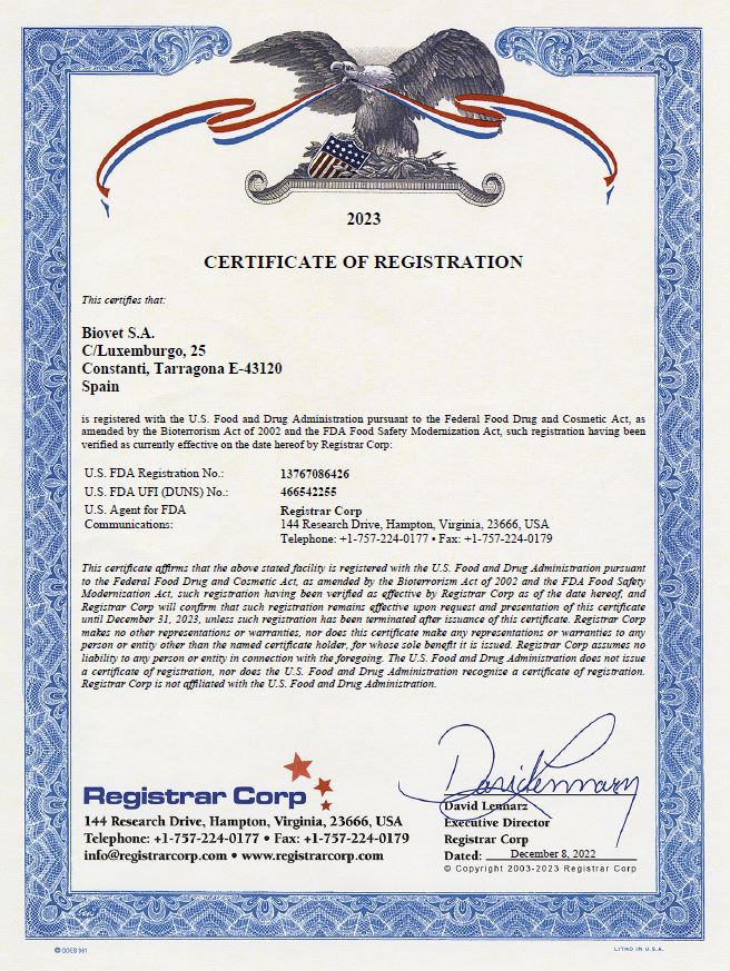 Biovet S.A. renueva el certificado Food and Drug Administration (FDA)